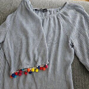 Striped Coastal Boho Nautical Pom Pom Blue White Oversize Blouse Tunic M